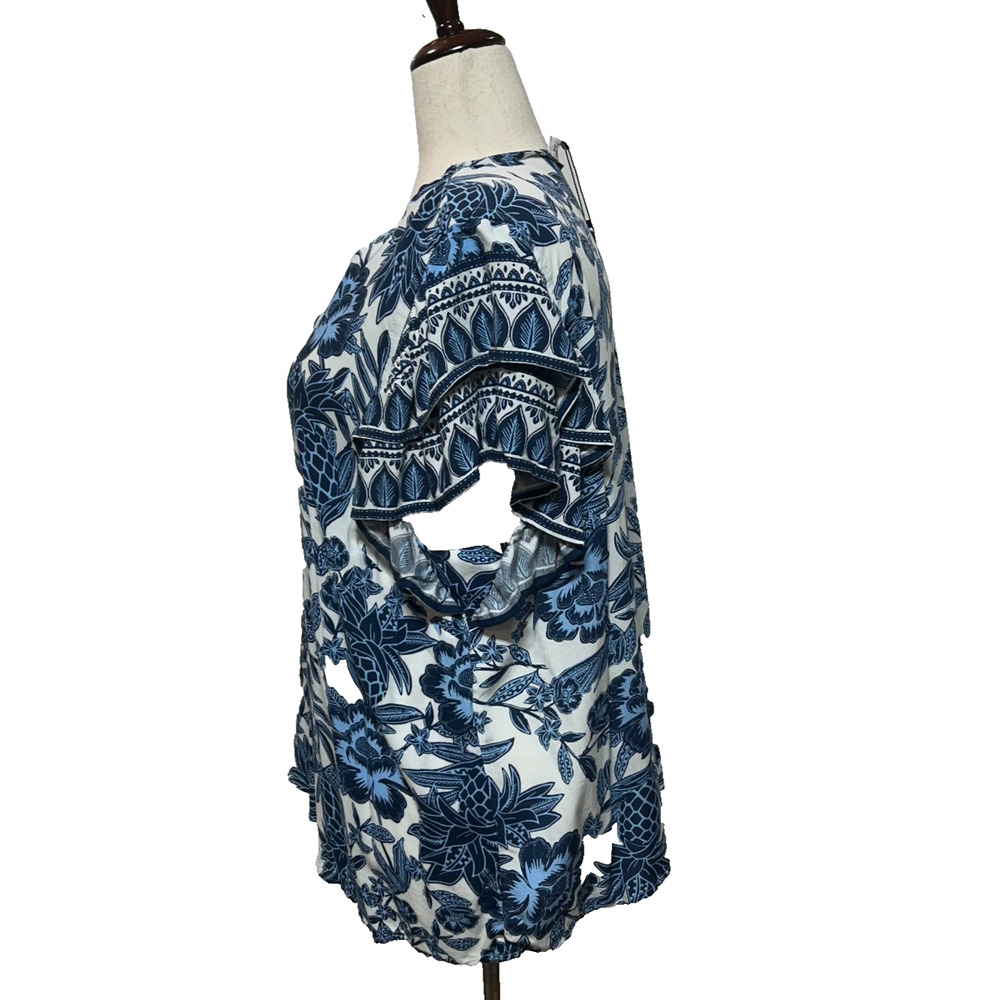 Rachel‎ & Zoe Top Womens 2X Blue White Floral Tropical Flutter Sleeve Beachy NWT - Picture 6 of 11